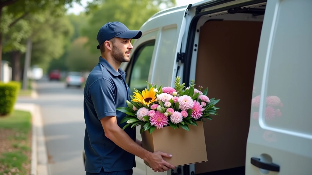Delivery driver carefully loading boxed flower arrangement into van with protective padding