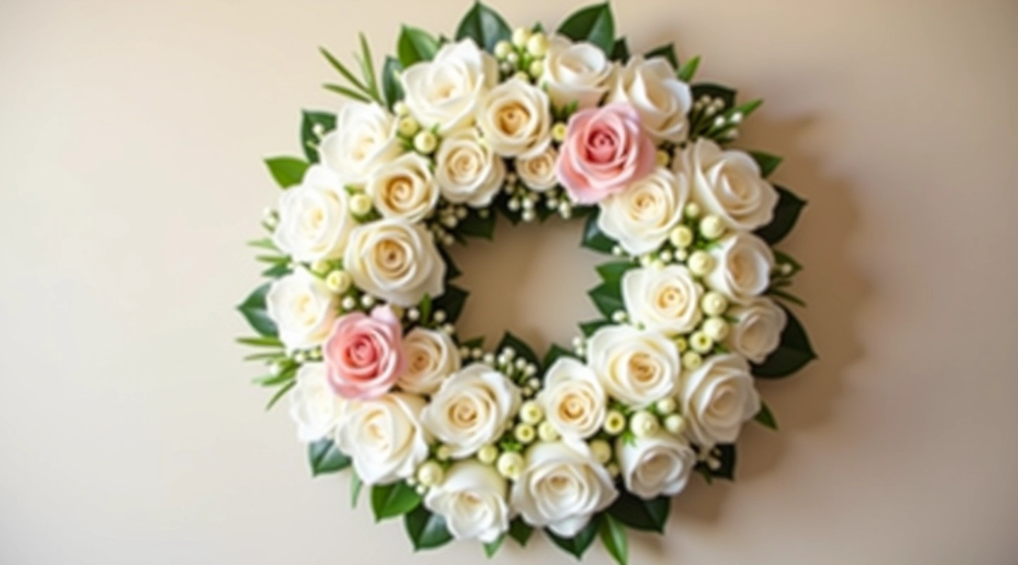 Beautiful white and blush sympathy wreath with roses and greenery arrangement