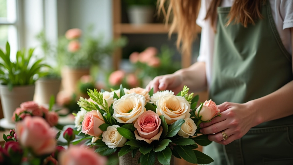 Florist arranging a sympathy wreath with careful attention to detail and composition
