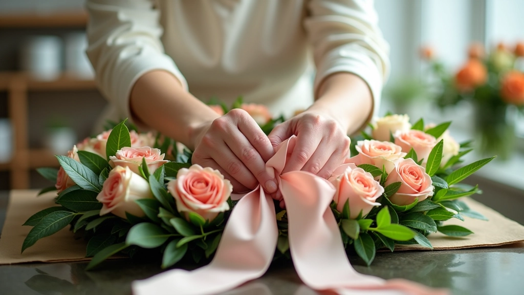 Florist carefully wrapping finished sympathy wreath with decorative ribbon and bow