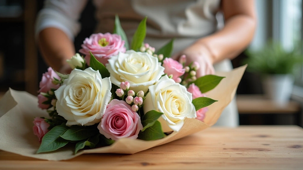 Florist carefully wrapping fresh white and pink sympathy arrangement in tissue paper at workbench