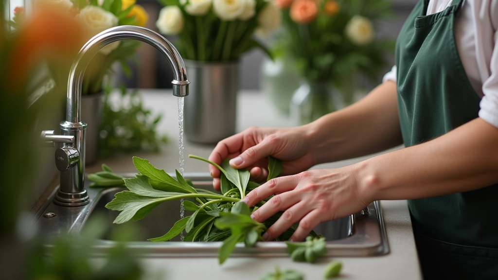 Fresh cut flower stems being trimmed at an angle under running water in florist sink