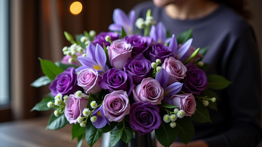 Purple roses and purple iris flowers with white foliage in an elegant funeral tribute arrangement