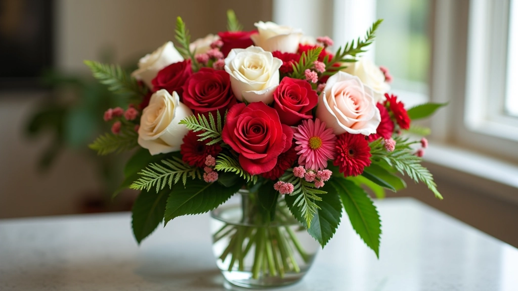 Red and white floral arrangement for memorial