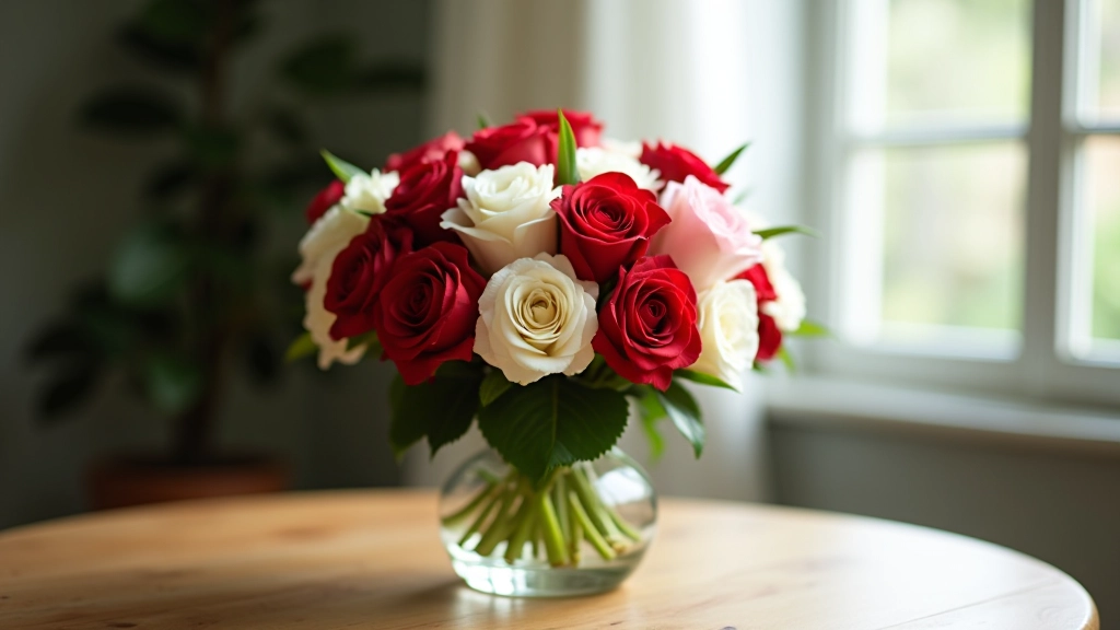 Red and white tribute flower arrangement in vase on memorial table