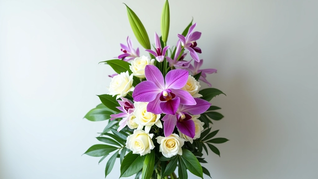 Standing tribute spray with purple and white flowers at funeral service