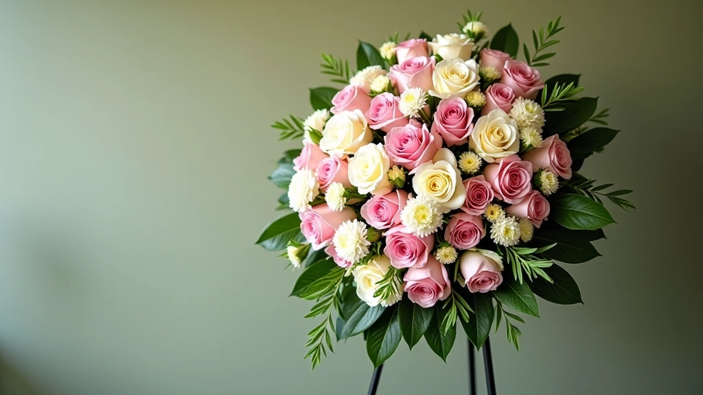 Tall standing tribute spray with pink and cream flowers