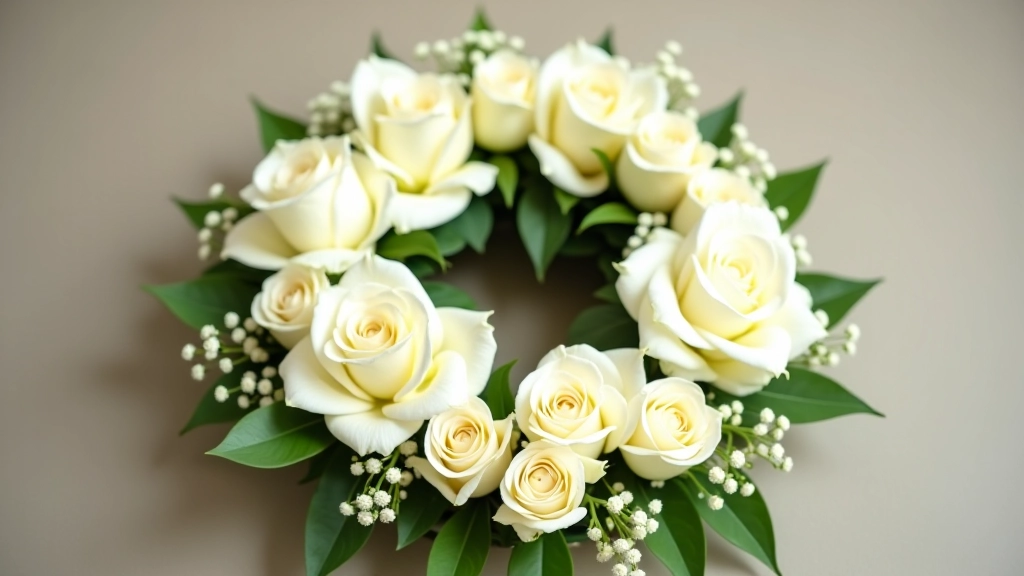 White sympathy wreath with roses and lilies
